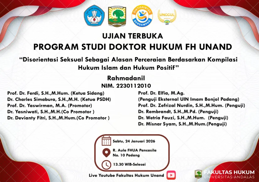 UJIAN TERBUKA PROGRAM STUDI DOKTOR HUKUM FAKULTAS HUKUM UNIVERSITAS ANDALAS "RAHMADANIL"
