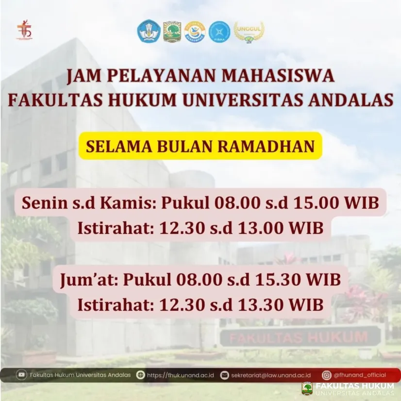 Pengumuman jam pelayanan mahasiswa Fakultas Hukum...