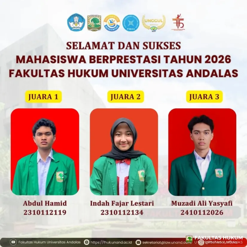 Mahasiswa Berprestasi Tahun 2026 Fakultas Hukum Universitas Andalas Diumumkan