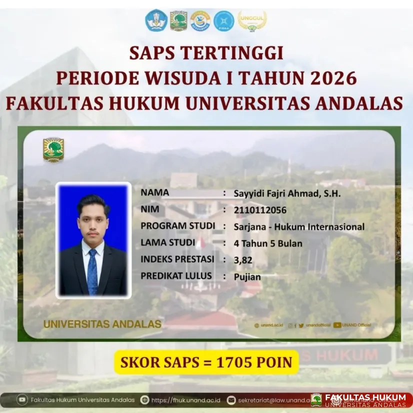 Wisudawan SAPS Tertinggi FH Unand 2026