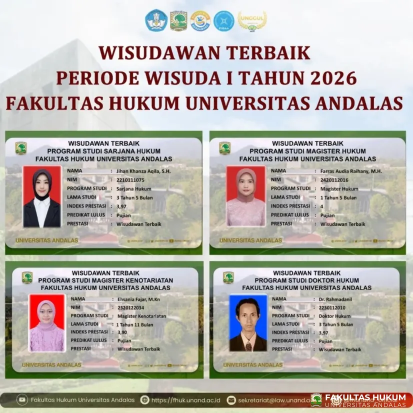 Wisudawan Terbaik FH Unand 2026 Didominasi Lulusan Berprestasi dengan IPK Nyaris Sempurna