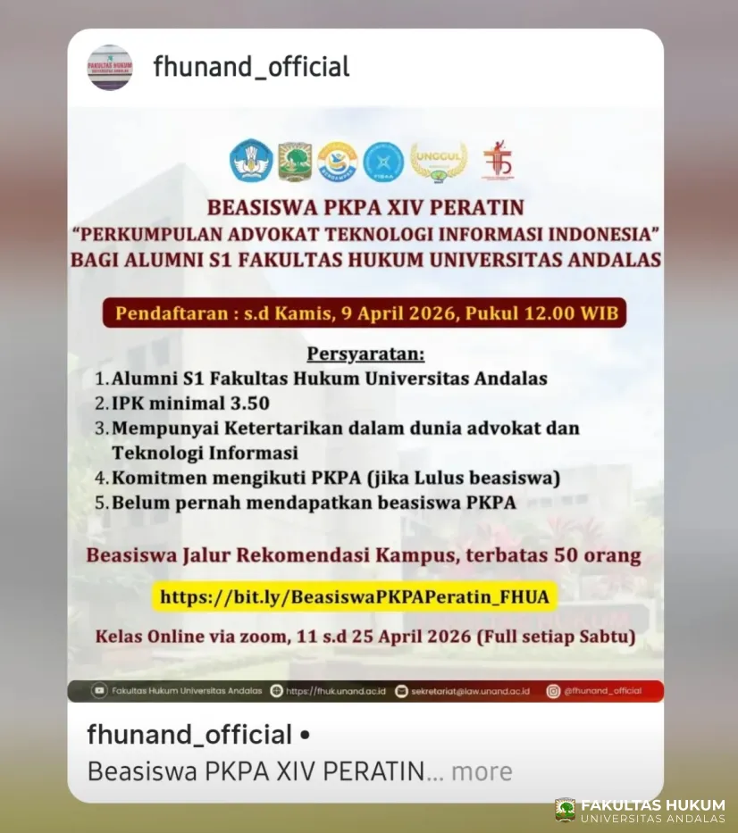 Beasiswa PKPA XIV PERATIN bagi Alumni S1 Fakultas Hukum Universitas Andalas