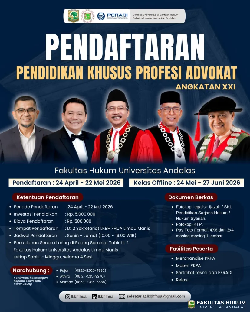 Pendaftaran PKPA Angkatan XXI Fakultas Hukum Universitas Andalas 2026
