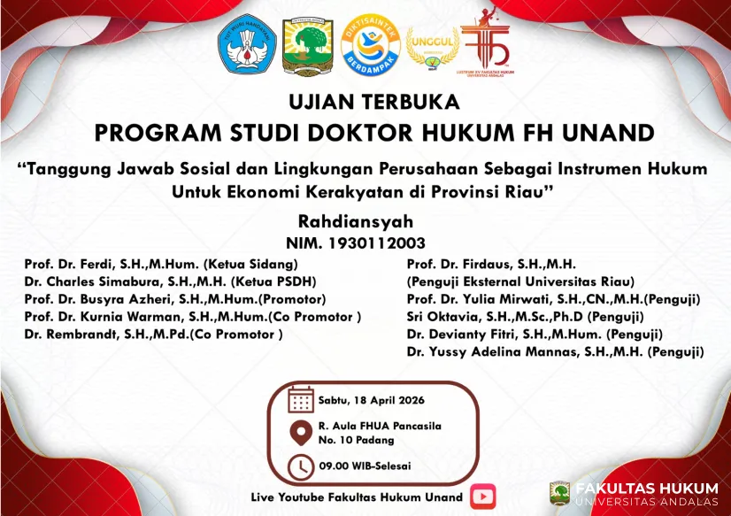 Ujian Terbuka Program Doktor Hukum UNAND - Rahdiansyah