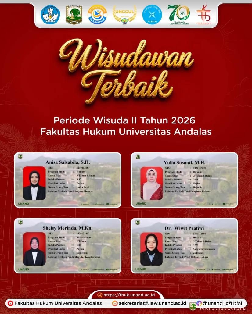 Wisudawan Terbaik Periode Wisuda II Tahun 2026 Fakultas Hukum Universitas Andalas