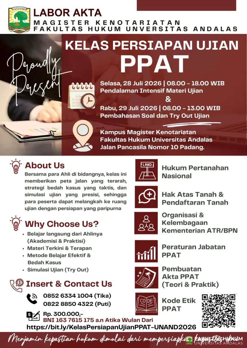 Labor Akta FH Unand Buka Kelas Persiapan Ujian PPAT 2026, Bekal Komprehensif Menuju PPAT...