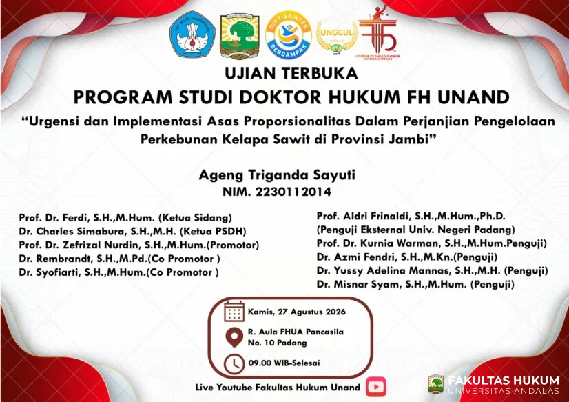 Ujian Terbuka Promosi Doktor Program Studi Doktor Hukum FH Unand