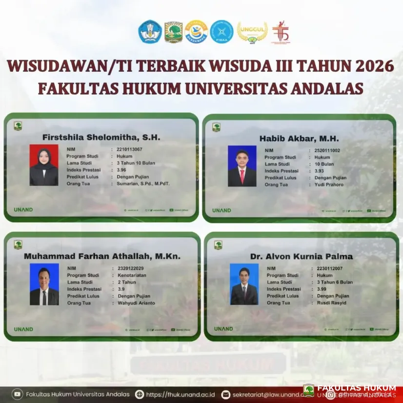 Empat Wisudawan Terbaik Fakultas Hukum Universitas Andalas pada Wisuda III Tahun 2026