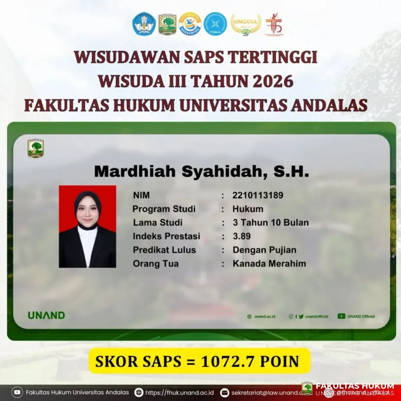 Mardhiah Syahidah Raih Predikat Wisudawan SAPS Tertinggi Fakultas Hukum Universitas Andalas