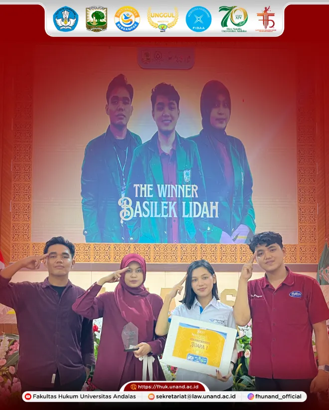 Mahasiswa fakultas hukum universitas andalas angkatan 2025 berhasil meraih juara i lomba debat bahasa indonesia (ldbi) nasional yang diselenggarakan asia himasekta fakultas pertanian universitas andalas.
