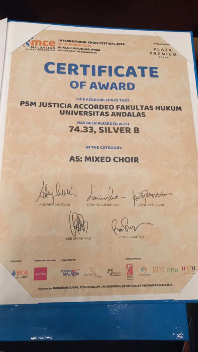 Sertifikat psm justicia accordeo fakultas hukum universitas andalas kategori a5 mixed choir