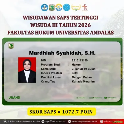 Mardhiah Syahidah, S.H. meraih predikat Wisudawan SAPS...