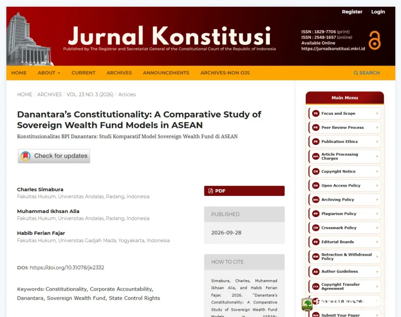 Dosen FH Universitas Andalas Publikasikan Kajian Konstitusionalitas Danantara di Jurnal Konstitusi Mahkamah Konstitusi RI